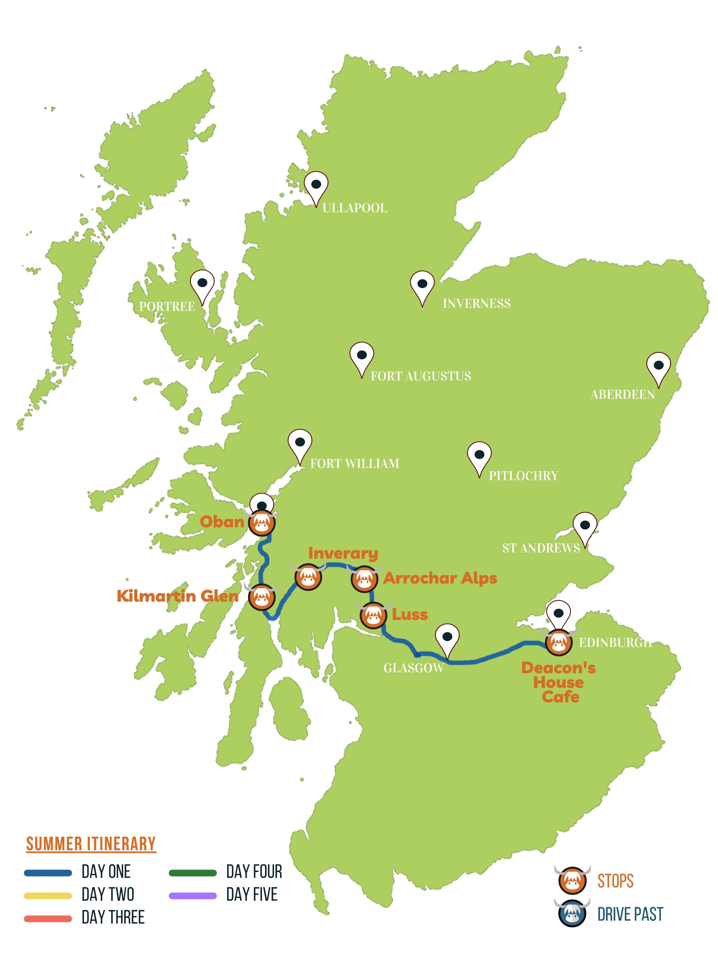 The Hairy Coo's itinerary map for 5 Day tour of Scotland