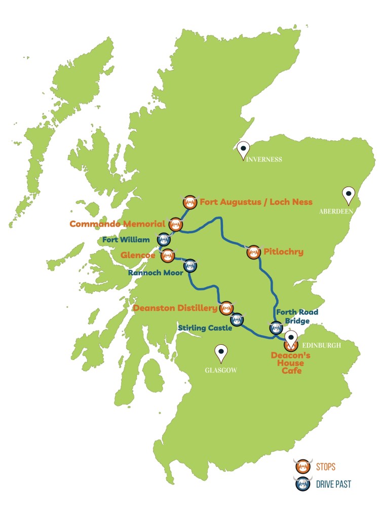 1-Day Whisky, Scottish Highlands, Glencoe & Loch Ness Tour itinerary map